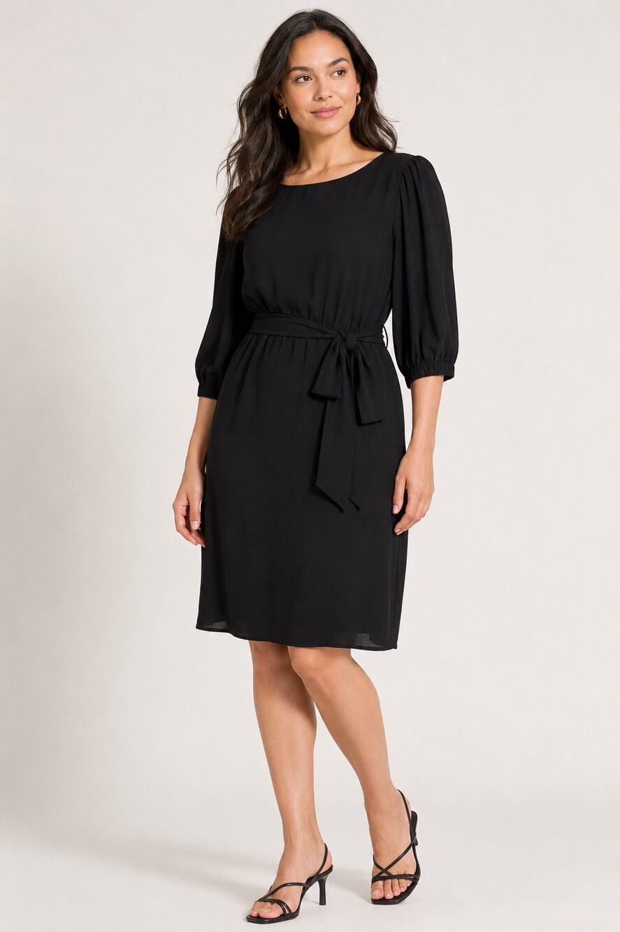 Halogen Black Georgette Tie Waist Dress | 3/4 Balloon Sleeves | NWT | XS